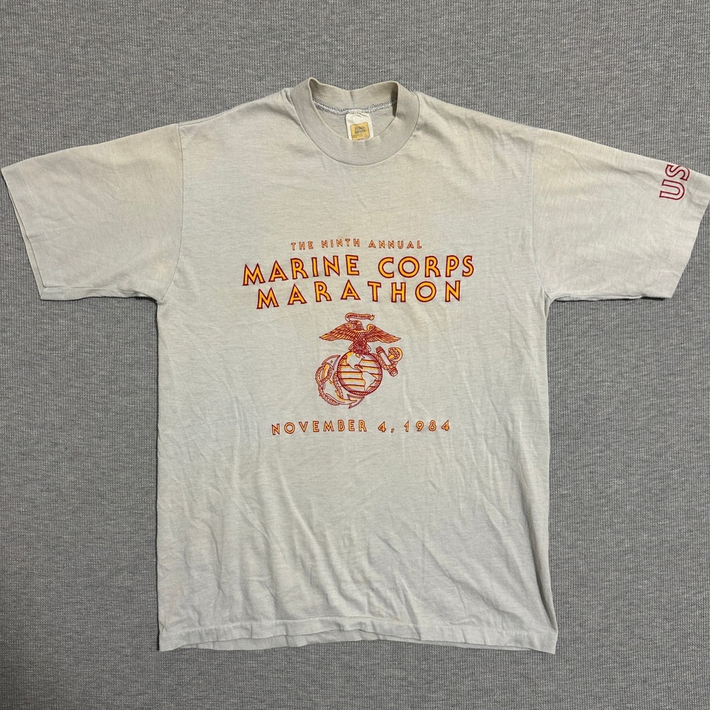 Vintage 1984 9th Marine Corps Marathon Velva Sheen USMC Tee 80s Mens Large